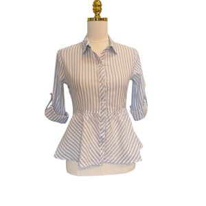 Love Notes Peplum Blouse Size S Blue White Stripe Button Front Cotton